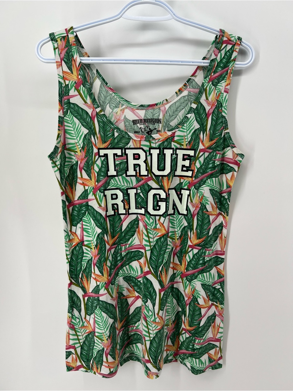 True Religion Women’s Medium Birds of Paradise Green Leaf Print Graphic Tank